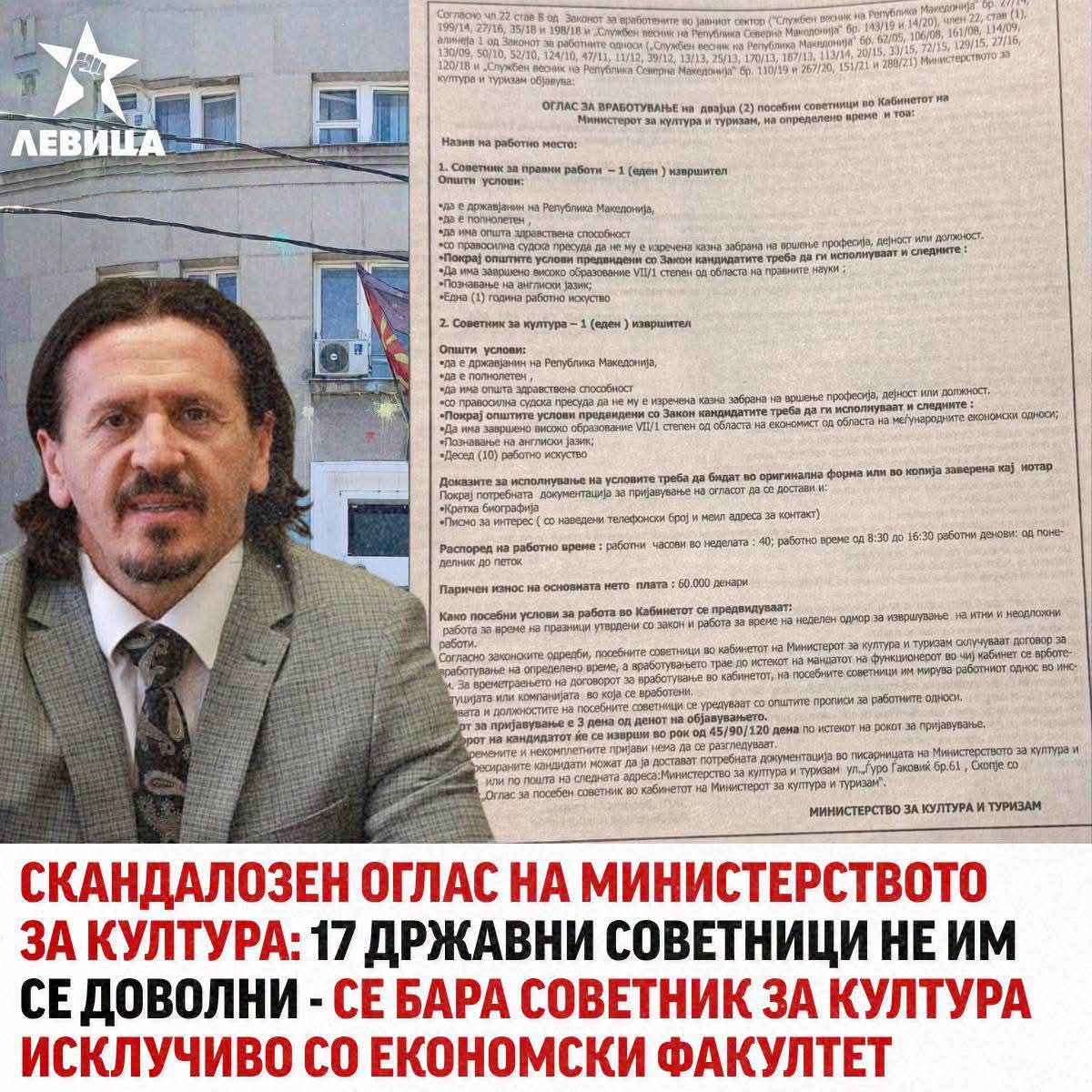 Левица: Скандалозен оглас во Министерството за култура: Се бара советник за култура исклучиво со диплома по економија