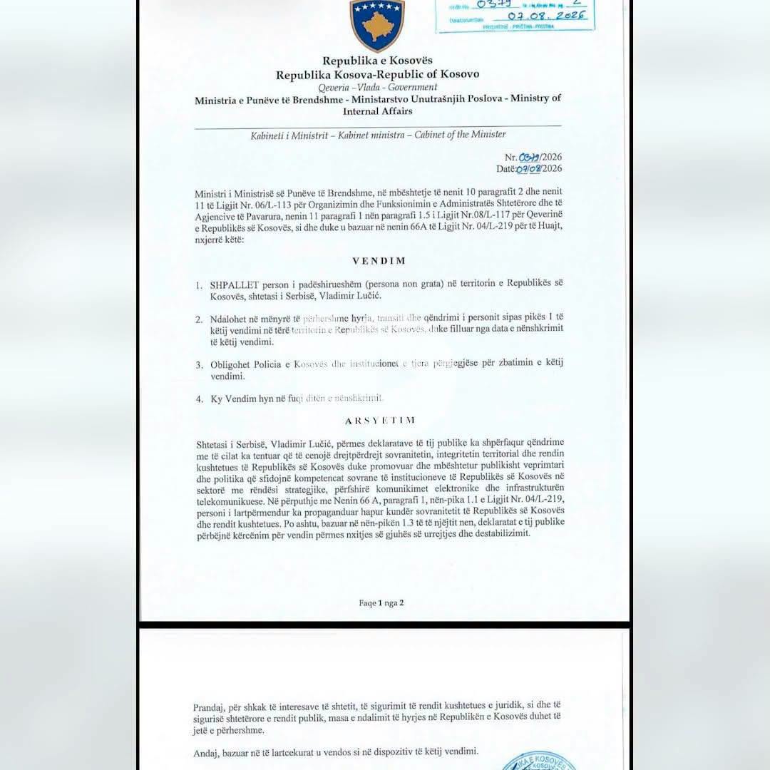 Директорот на српскиот „Телеком“, на Арена спорт, Блумберг и Њузмакс прогласен за персона нон грата во Косово