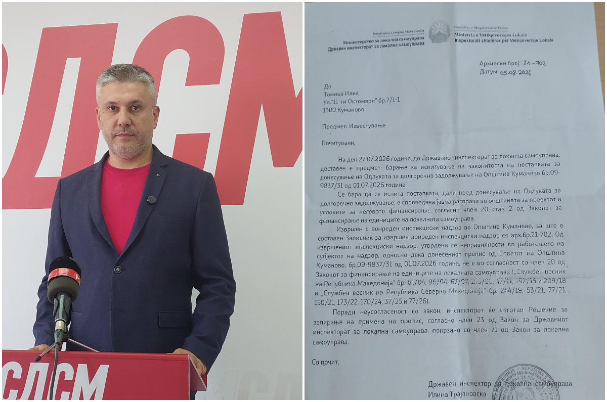СДК: НЕЗАКОНСКА Е ПОСТАПКАТА ЗА ЗАДОЛЖУВАЊЕ НА ОПШТИНА КУМАНОВО ОД 1,6 МИЛИОНИ ЕВРА, ИНСПЕКТОРАТОТ ЗА ЛОКАЛНА САМОУПРАВА ЈА ЗАПРЕ ПРОЦЕДУРАТА