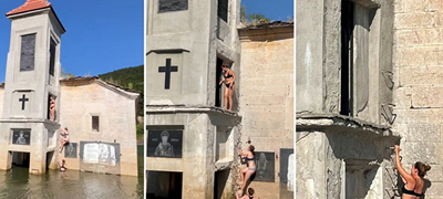 Туристки во бикини се качуваа на потопената црква во Маврово и ја разлутија јавноста: „Ова е свет и духовен простор“