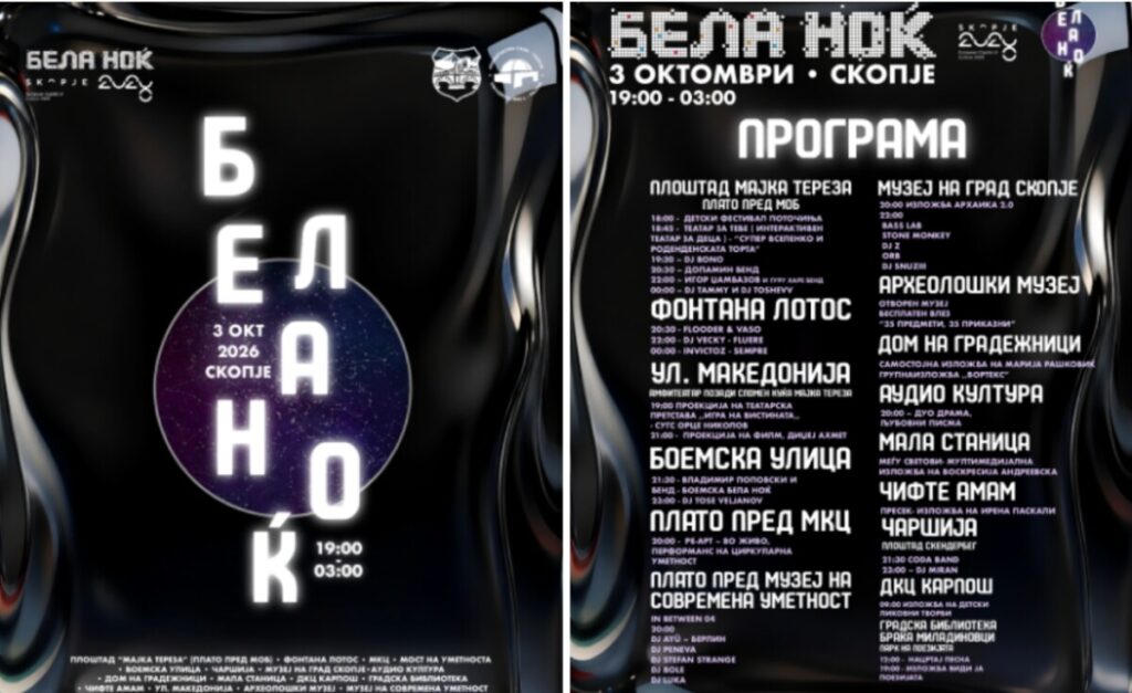 Бела ноќ 2026 во Скопје: Игор Џамбазов и „Гуру Харе бенд“, „Допамин“, електронска музика и уметност низ Скопје