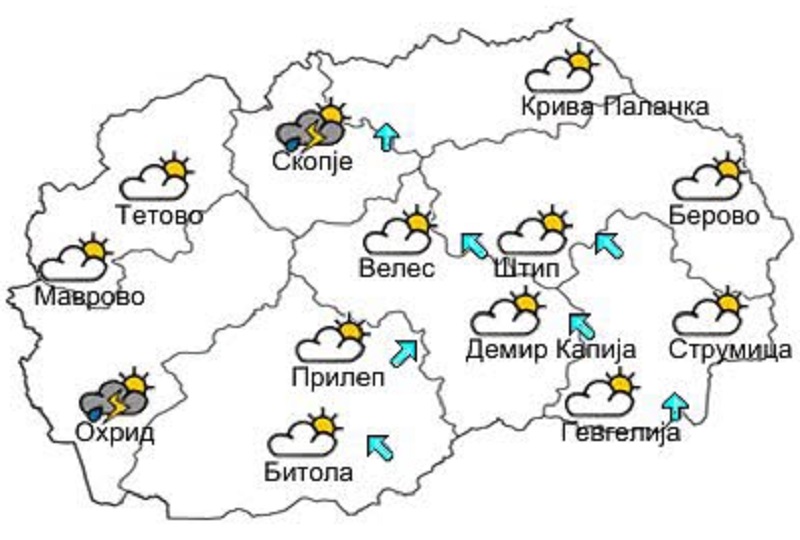 Сончево и топло со температура до 35 степени, во делови од скопската котлина можен дожд и грмежи