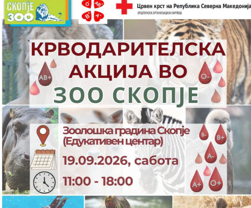 Крводарителска акција во сабота во ЗОО Скопје: Дарувај крв, спаси живот!