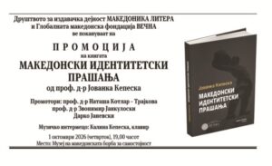 Утре во Музејот на македонската борба за самостојност – ПРОМОЦИЈА НА КНИГАТА „МАКЕДОНСКИ ИДЕНТИТЕТСКИ ПРАШАЊА“ ОД ЈОВАНКА КЕПЕСКА