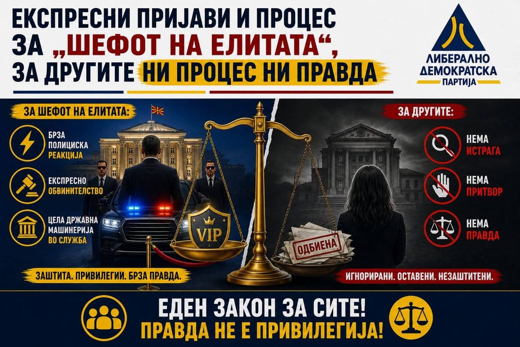 ЛДП: Експресни пријави за „шефот на елитата“, а правен систем за другите – “утре сабајле“!