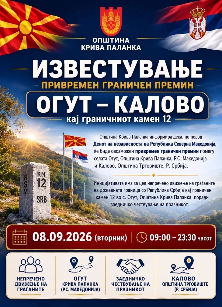 Ќе биде отворен граничен премин кај селата Огут и Калово помеѓу Македонија и Србија