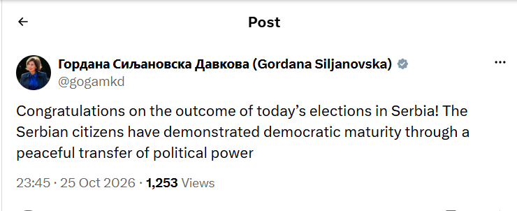 Сиљановска-Давкова со честитка за исходот на изборите во Србија