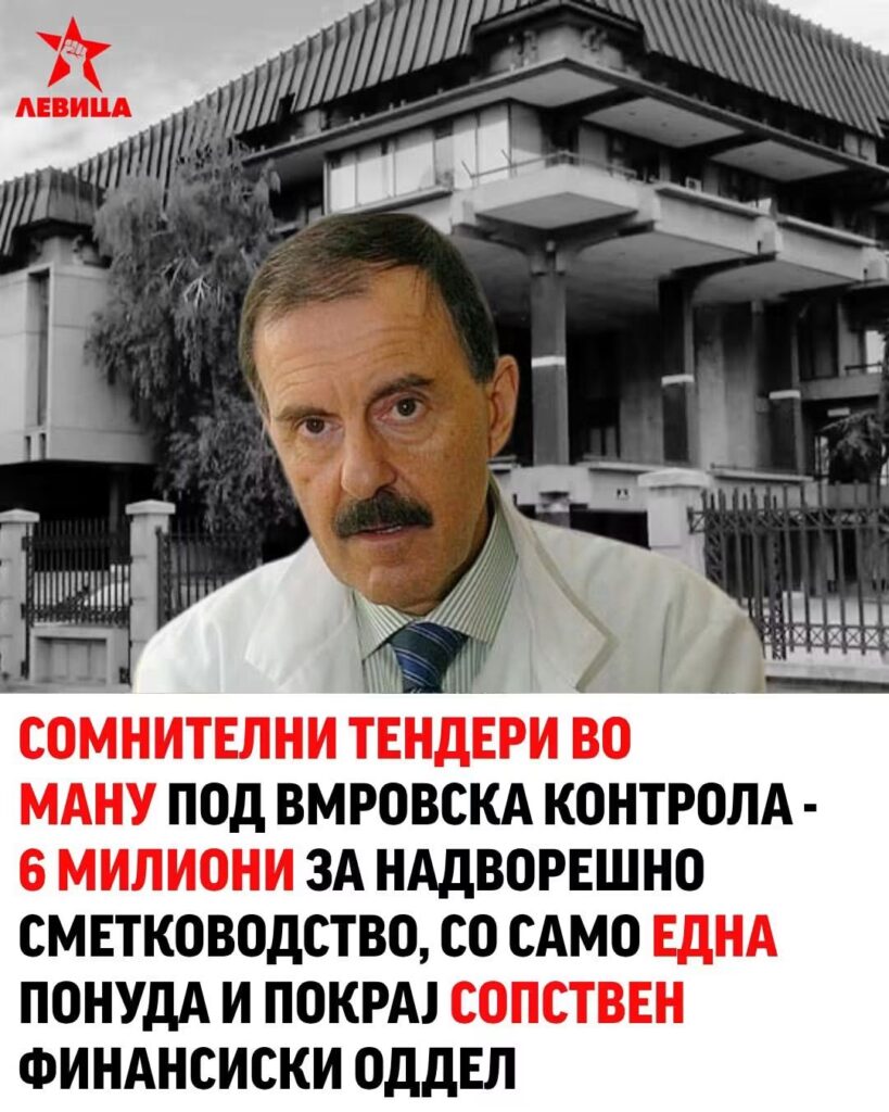 СОМНИТЕЛНИ ТЕНДЕРИ ВО МАНУ ПОД ВМРОВСКА КОНТРОЛА – 6 МИЛИОНИ ЗА НАДВОРЕШНО CMETKOBOACTBO, CO CAMO EДНА ПОНУДА И ПОКРАЈ СОПСТВЕН ФИНАНСИСКИ ОДДЕЛ