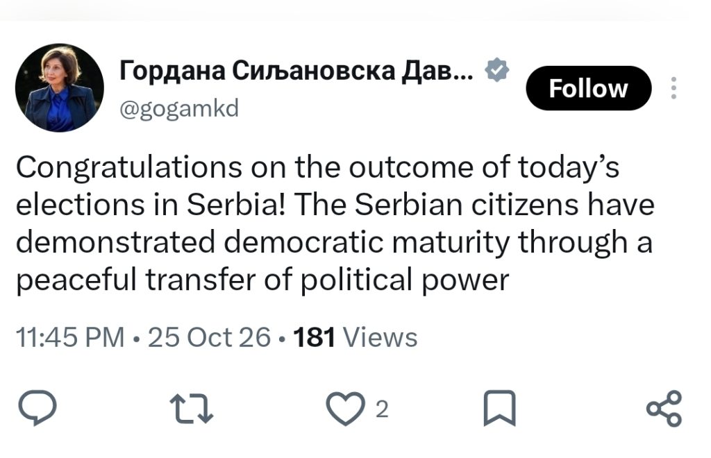 Сиљановска-Давкова со честитка за исходот на изборите во Србија