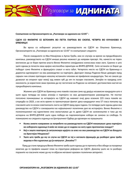 “Платформа 12:05” за резултатите на СДСМ во Брвеница: Филипче веднаш и без одлагање да ја напушти ‘Бихаќка’