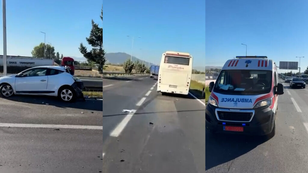 Тешка сообраќајка кај Белви: Се судриле три автомобили и автобус, тројца однесени во болница
